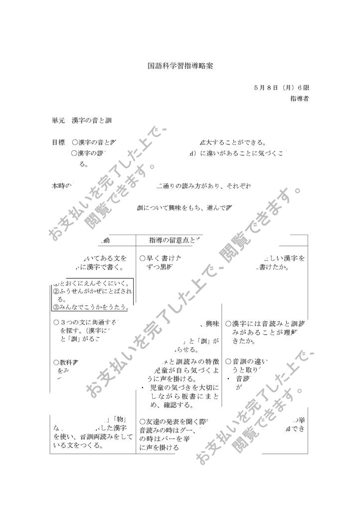 国語科学習指導略案 漢字の音と訓