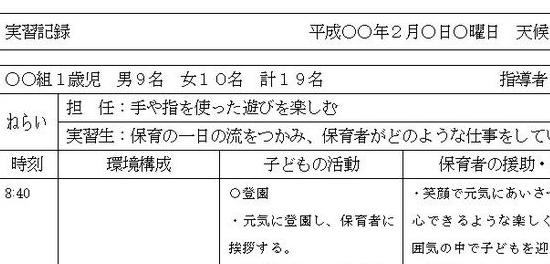 保育実習 実習日誌(感想あり) １歳 見本